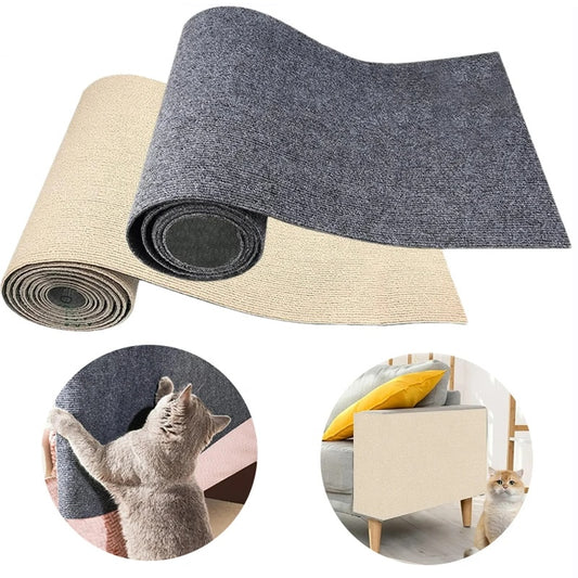 Roll of carpet with a cat using it and furniture protected by it on a white background