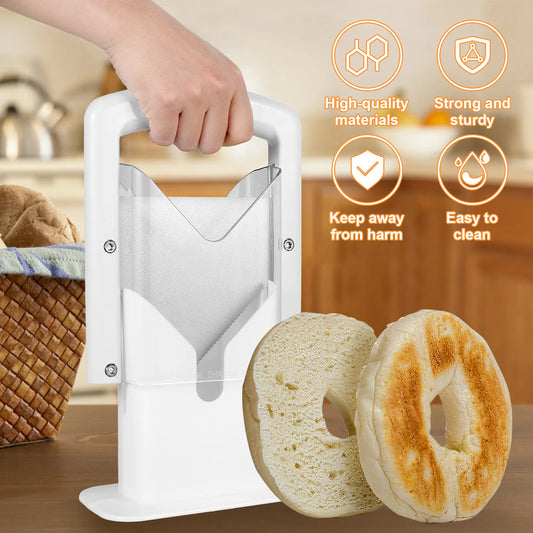 Bagel slicer with bagels and features text on a kitchen background