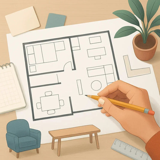 A hand holding a yellow pencil points to a room layout drawing on a white sheet of paper, surrounded by desk items including a potted plant, sticky notes, a notebook, a chair, a table, and a ruler on a light wood surface.