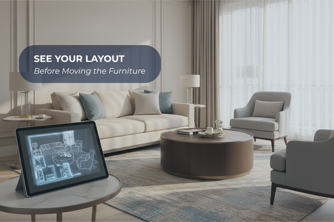 3D room planner showing a virtual furniture layout beside a modern living room before furniture is moved