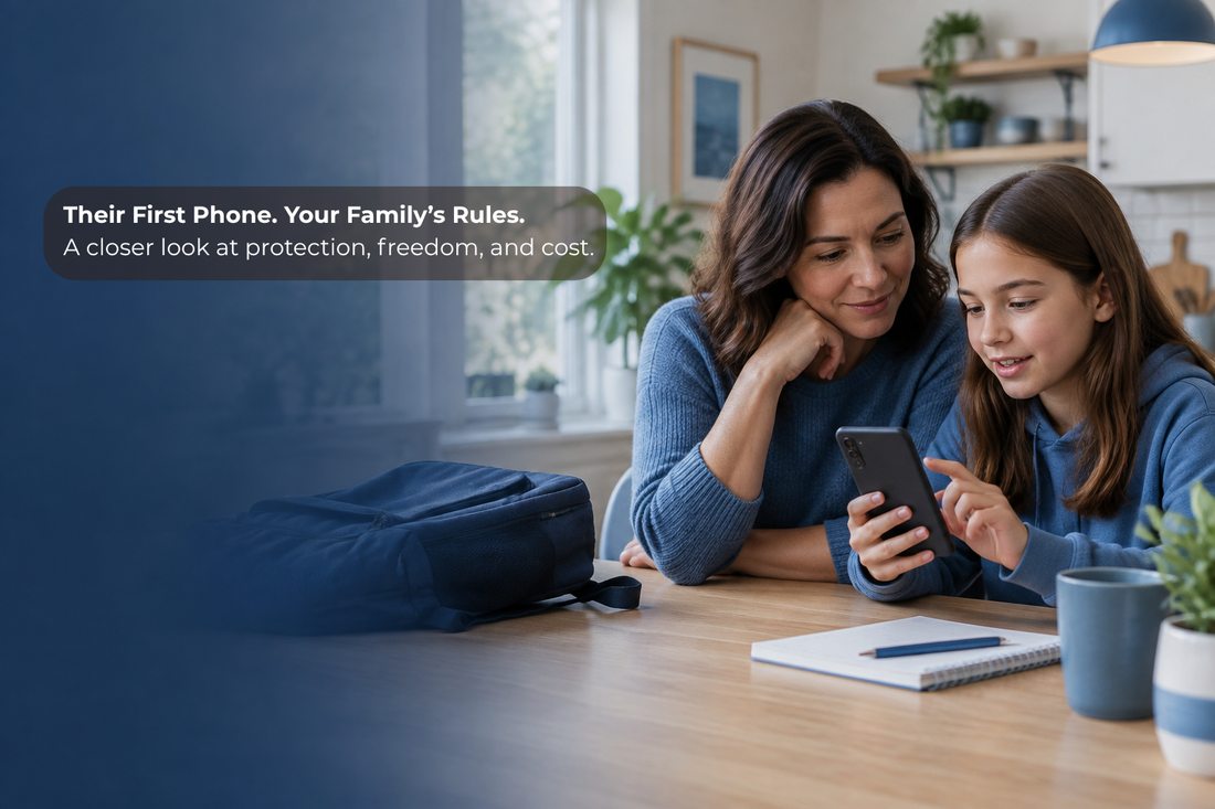 Parent and child discussing a first smartphone at a kitchen table.