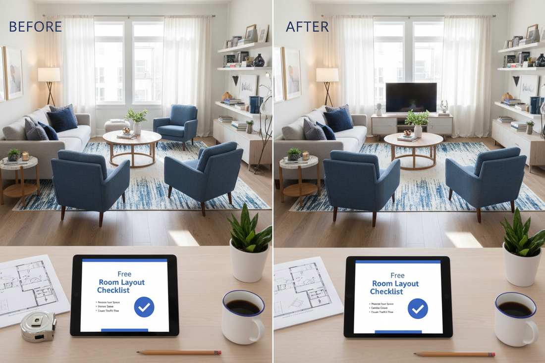 Free Room Layout Planner Checklist displayed beside a before-and-after living room layout showing how better furniture placement improves room flow and functionality.
