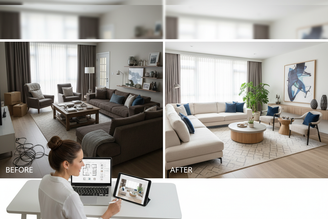 Room layout planner free showing before and after living room furniture arrangement for better space planning.