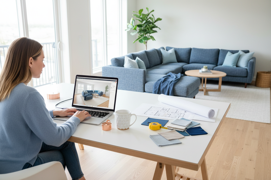 Homeowner using 3D room design software to plan a modern living room layout before rearranging furniture