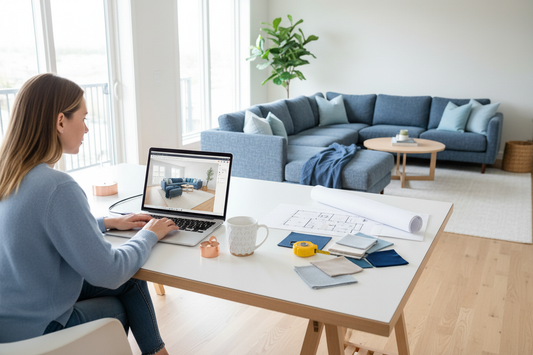 Homeowner using 3D room design software to plan a modern living room layout before rearranging furniture