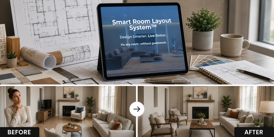 The Smart Room Layout System™ digital guide displayed on a tablet with room layout plans and interior design workspace, showing before & after living room layout.