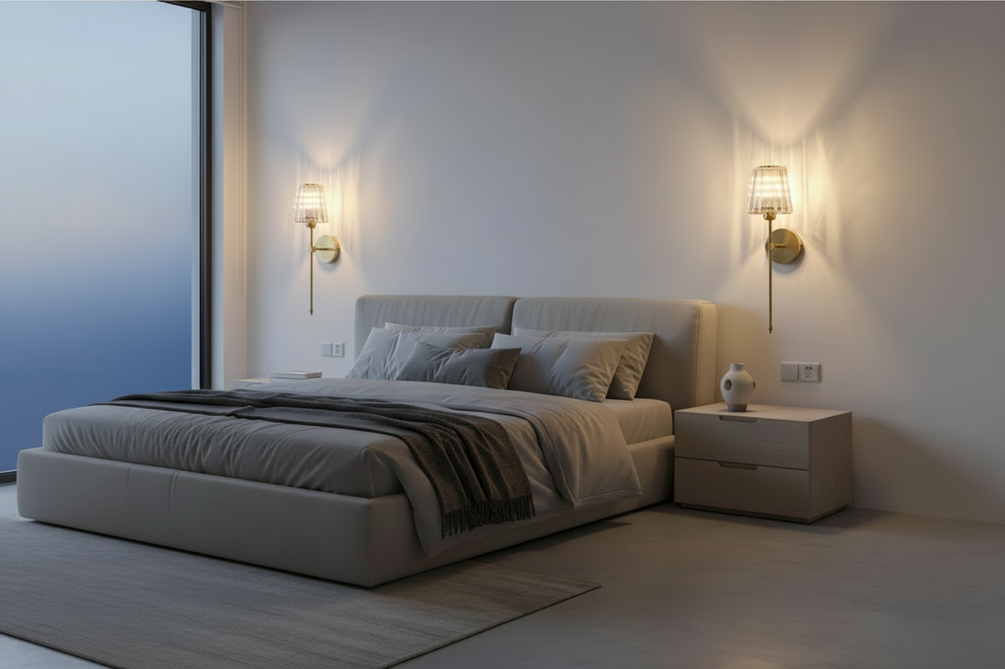 To Led wall lamps. One on left side of bed, the other on right.