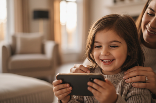 A young mother, smiling and lovely looking over her young daughters shoulder as she navigates cell phone.