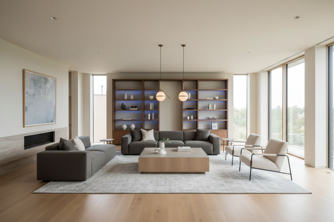 Modern living room layout with balanced furniture placement, open walking space, natural lighting, and clean interior design flow