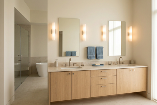 Modern bathroom vanity with balanced vertical wall lighting beside a mirror, creating soft, comfortable illumination.