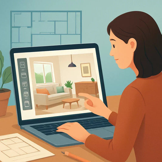 Woman arranging furniture in home design software on laptop.