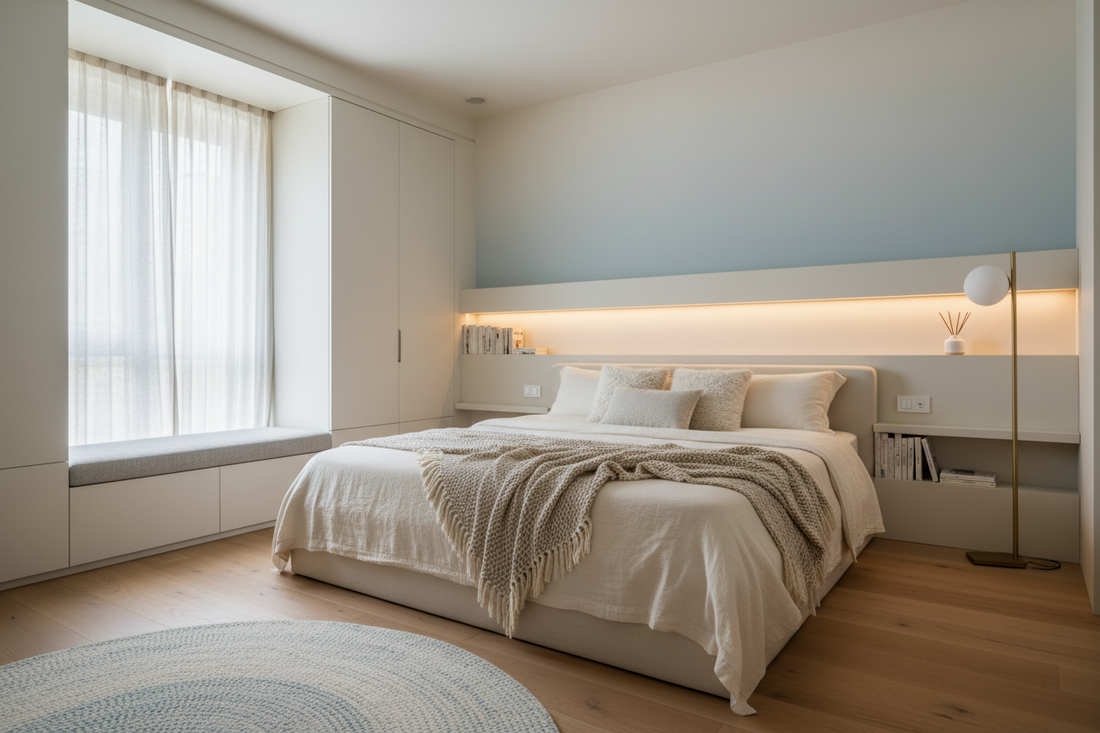 small bedroom layout with space-saving furniture and balanced design using Coohom visualization