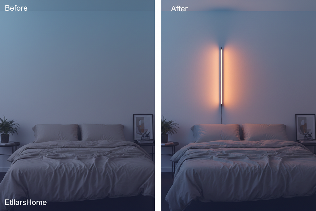 LED RGB wall lamp lighting transformation in modern bedroom with ambient glow