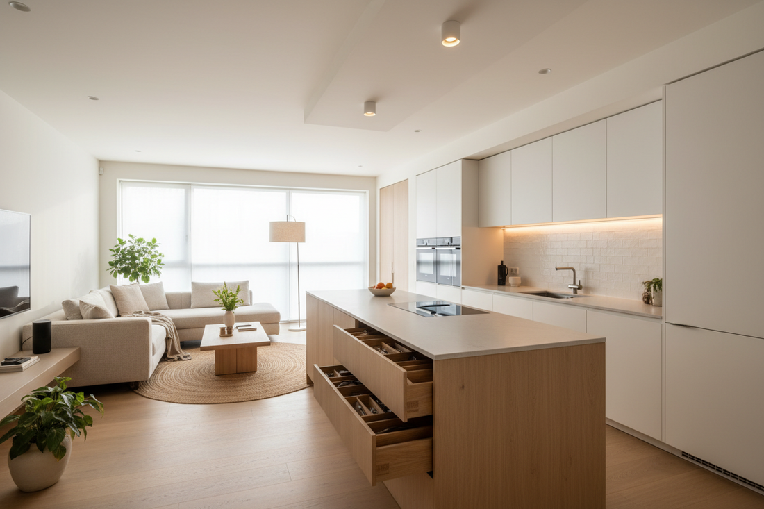 Smart home essentials in a modern kitchen and living space with curated tools and ambient LED lighting for calm, functional everyday living.