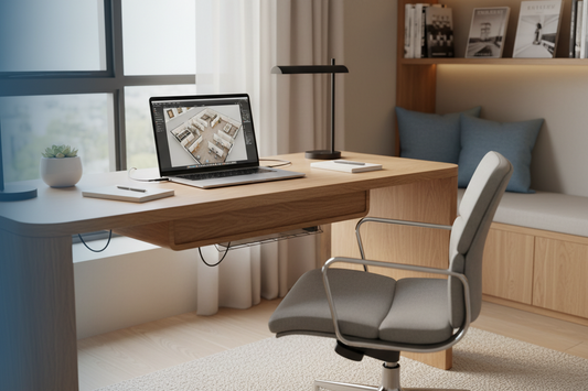 modern home office setup with ergonomic desk and lighting designed using Coohom layout tool