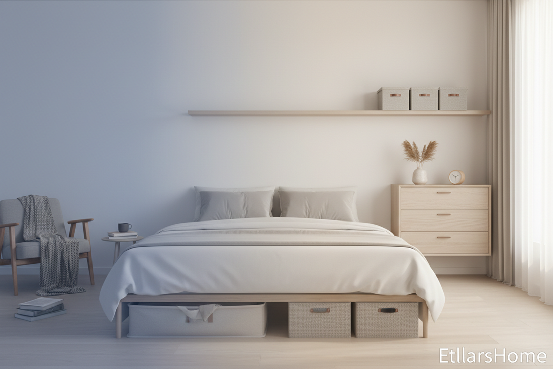 Smart storage and space optimization in minimalist home with organized bins and clutter-free setup