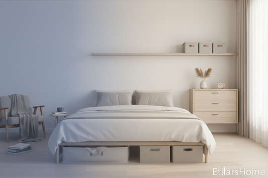 Smart storage and space optimization in minimalist home with organized bins and clutter-free setup