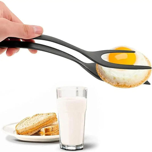 Black egg poacher tool with an egg, a glass of milk, and toast on a white background