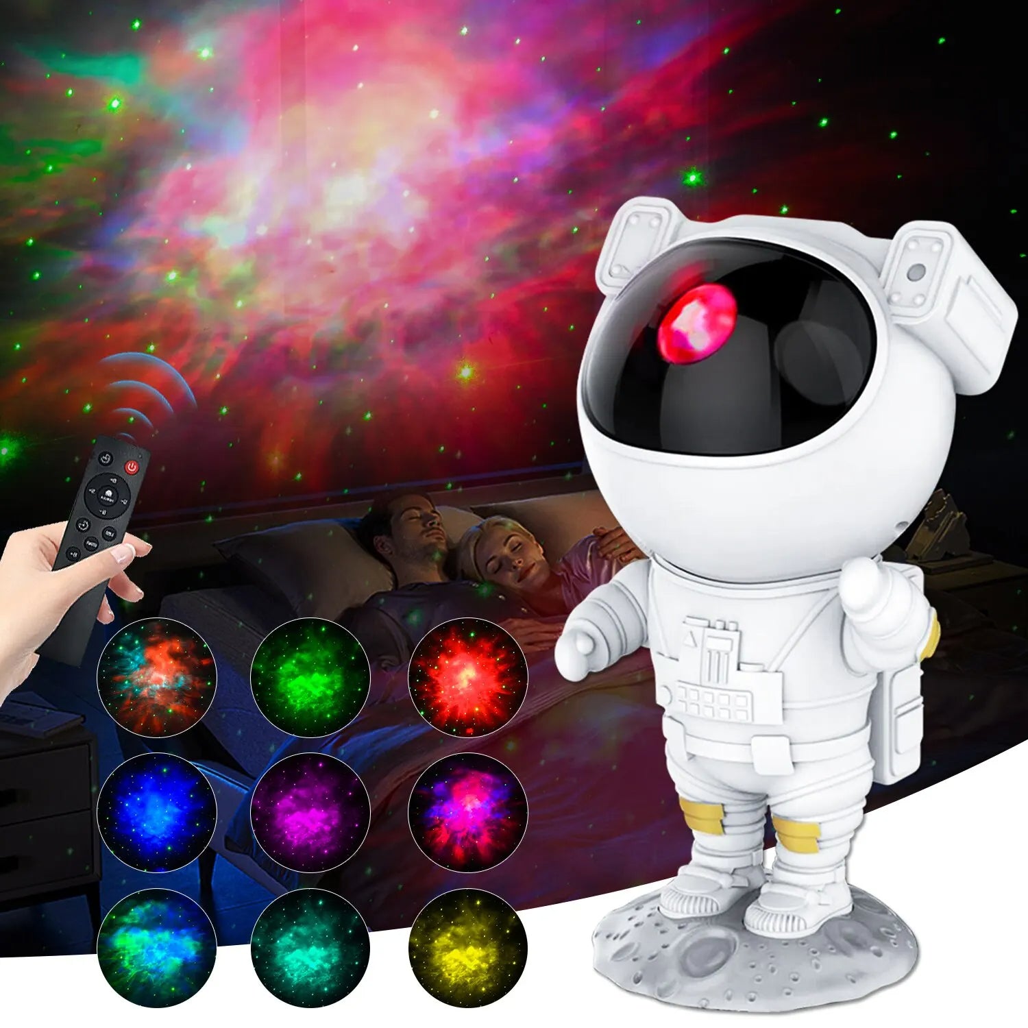 Astronaut robot projector with colorful light display and remote control.