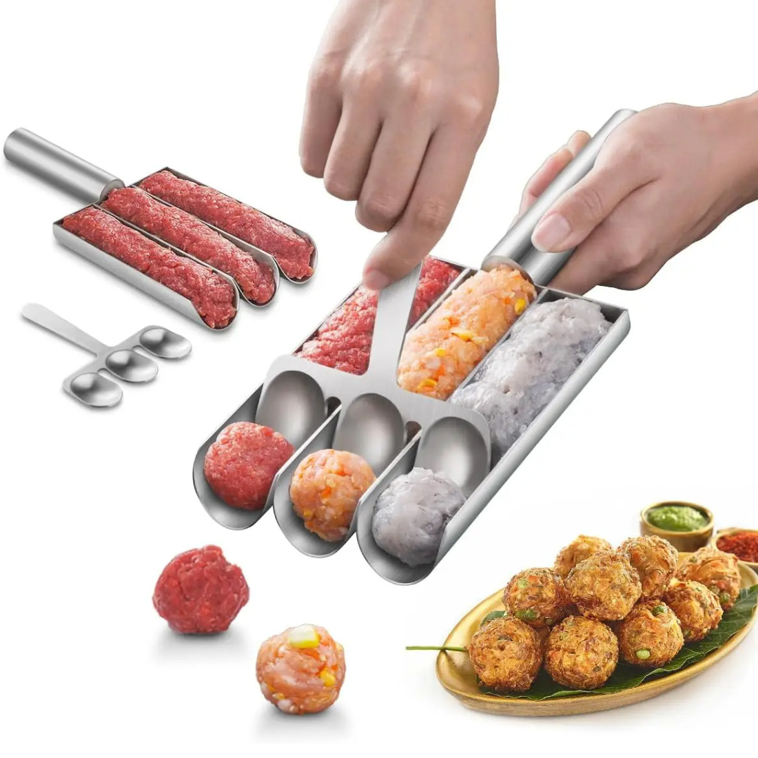 Metallic meatball maker with raw meat, shaped meatballs, and a plate of cooked meatballs on a white background.