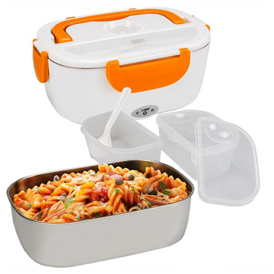 Electric lunch box with pasta inside on a white background