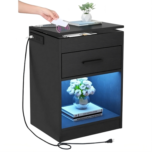 Black nightstand with a drawer and illuminated shelf, featuring a hand holding a piece of paper.