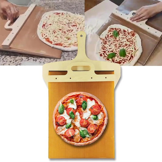 Pizza-making process with a pizza peel and a finished pizza on a white background