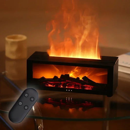 Electric fireplace with flames and remote control on a glass table