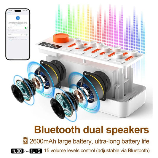 Bluetooth dual speakers with colorful sound waves and smartphone app interface on a white background