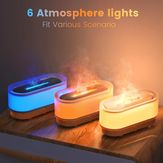 Three small devices emitting colored lights on a wooden surface with text about atmosphere lights.
