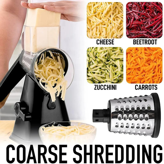 Shredder with coarse shredding attachment and examples of shredded vegetables.