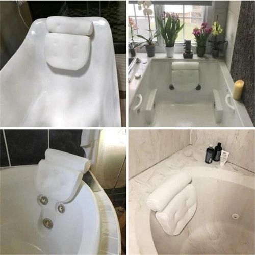 Collage of a bathtub with a built-in seat and various angles shown.