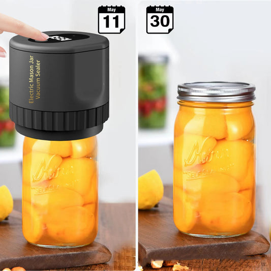 Electric Mason Jar Vacuum Sealer with a jar of preserved lemons on a wooden surface.