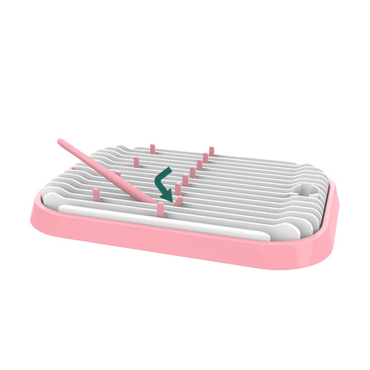 Pink and white phone stand with a brand logo on a white background