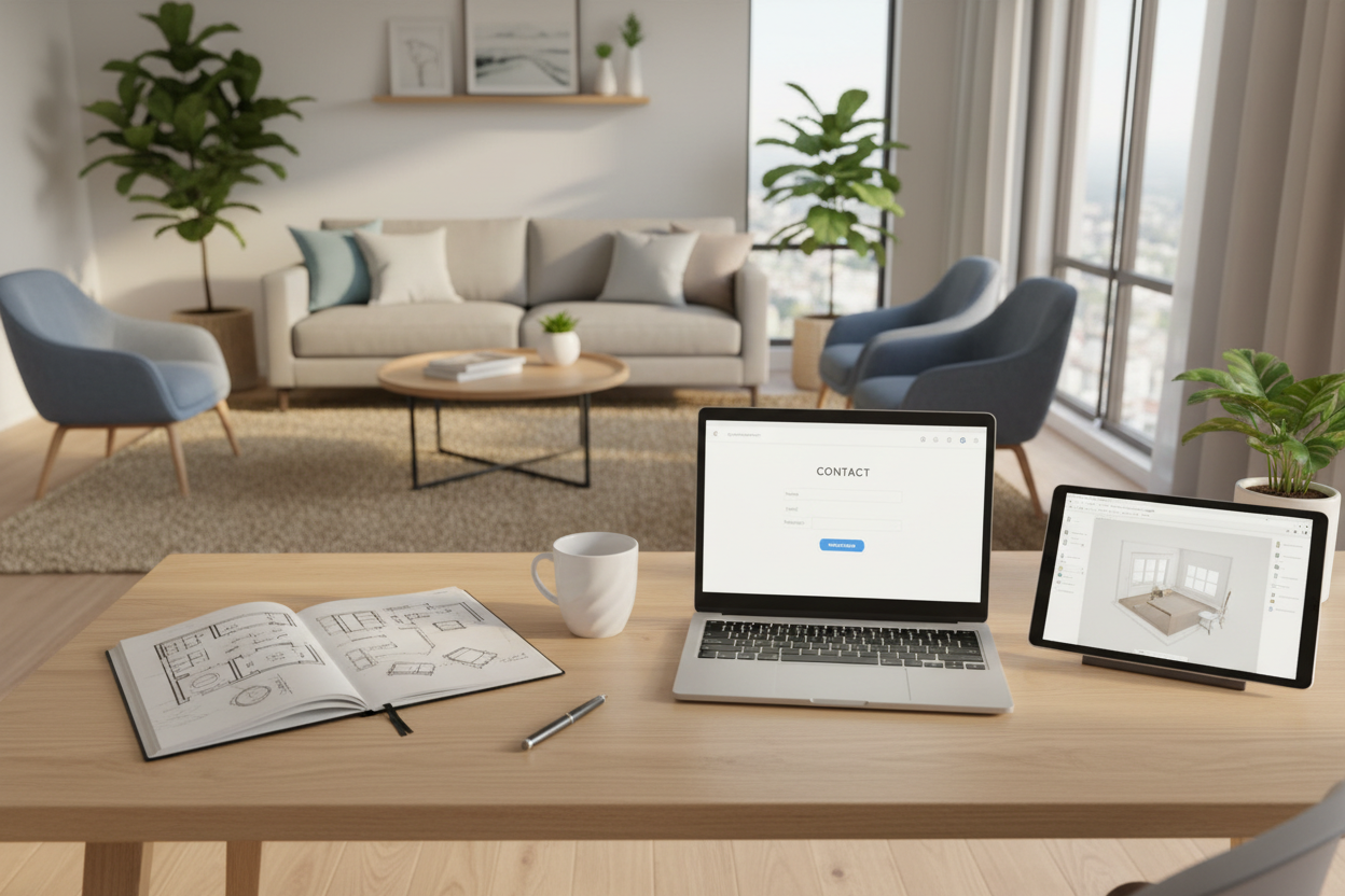 Modern home workspace with room layout plans and organized living room representing EtllarsHome contact and customer support.